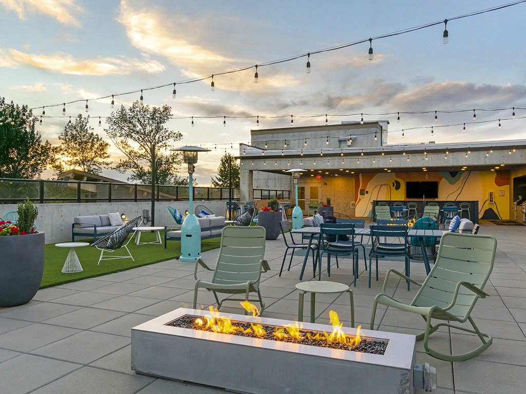 Outdoor Seating and Firepit on Rooftop Deck