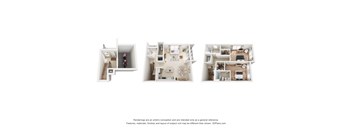 Three images of a white room with furniture and a staircase.