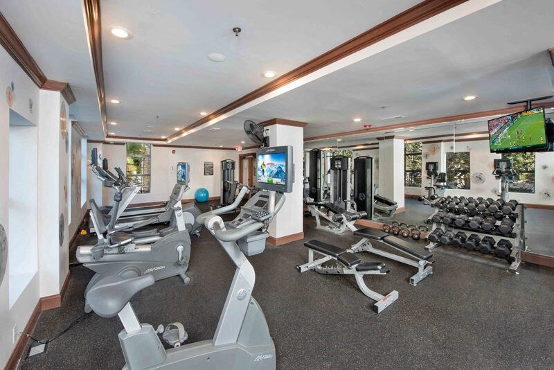 A well-equipped gym with treadmills, weights, and exercise machines.