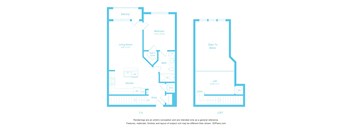 A blueprint of a one-floor apartment with a balcony, living room, kitchen, bathroom, and two bedrooms.