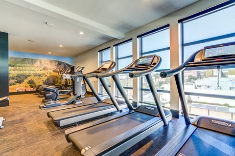 a gym with cardio equipment and windows with a mountain view