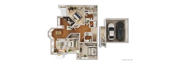 A detailed floor plan of a two-bedroom apartment with a living room, kitchen, and bathroom.