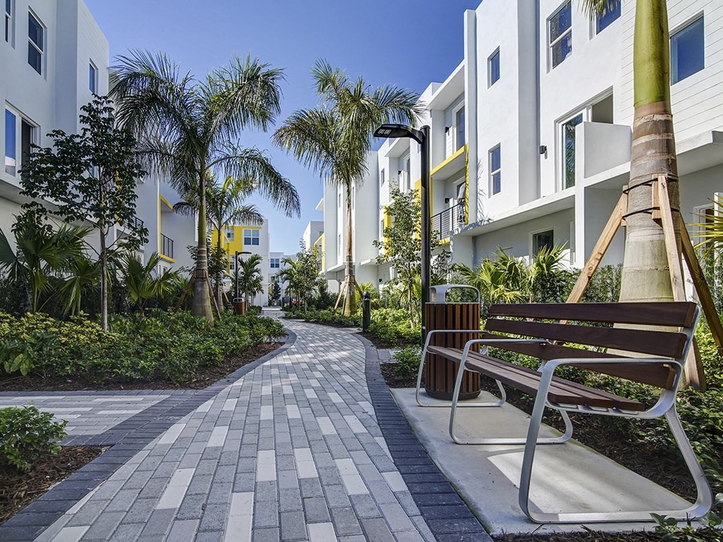 A walkway with a bench and palm trees.