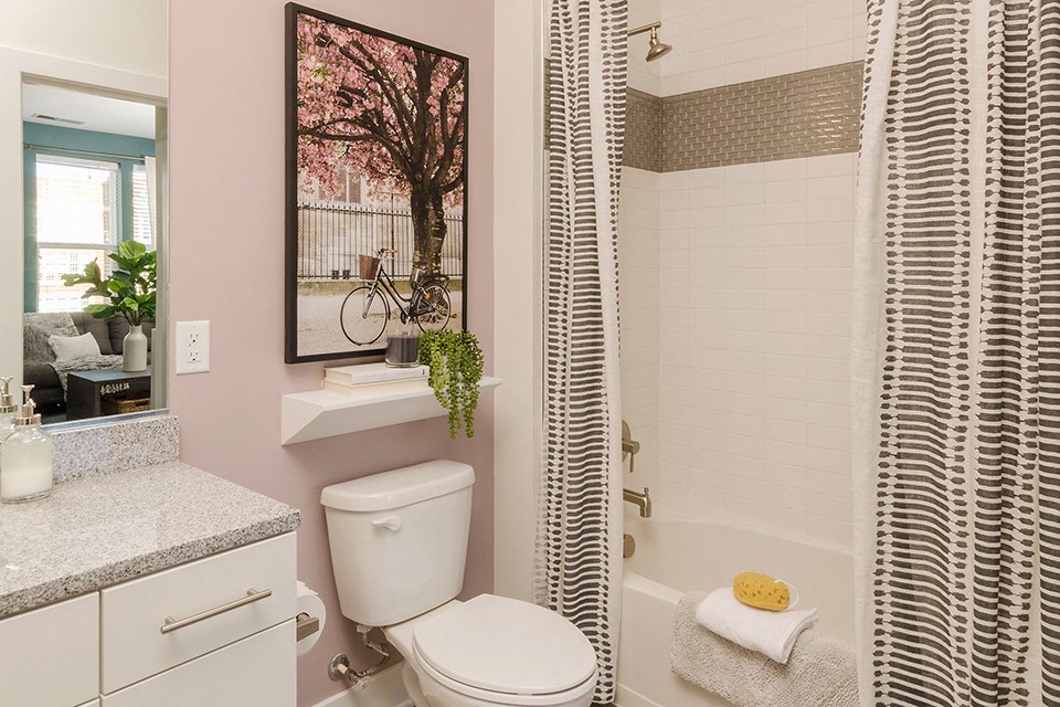 a bathroom with a white toilet and a shower