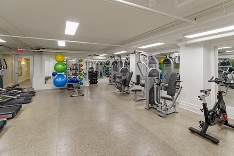 a gym with cardio equipment and weights in a building