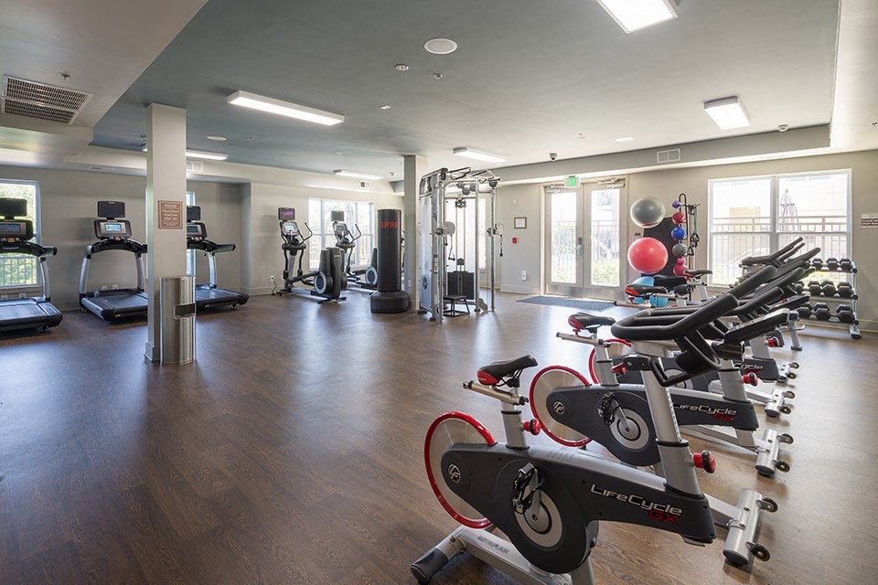 a gym with weights and other exercise equipment in a building