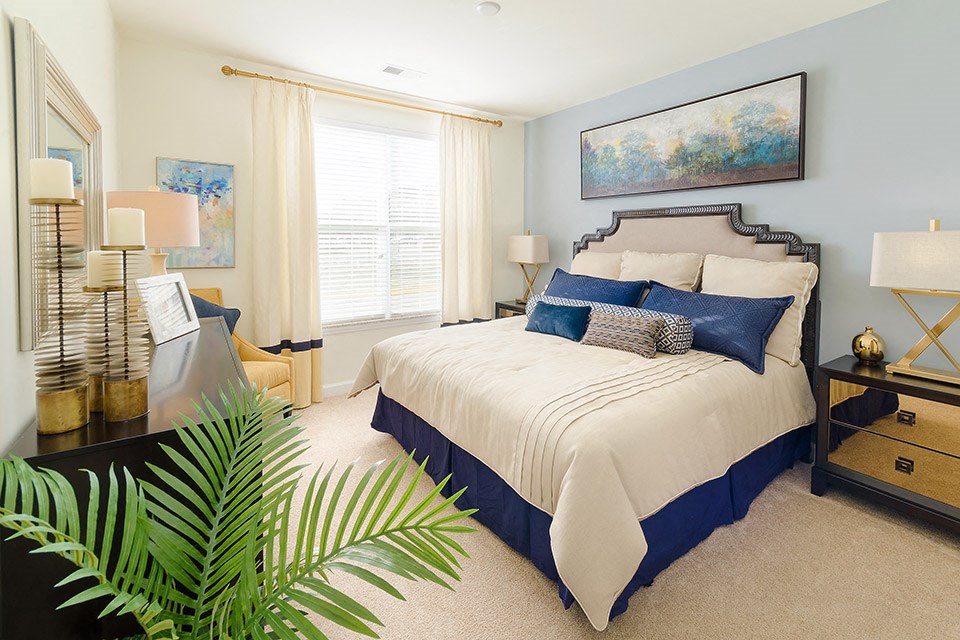 a bedroom with a bed and a plant