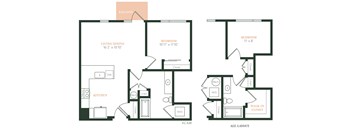 A floor plan of a home with two bedrooms, a living area, a kitchen, and a walk-in closet.