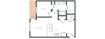 A floor plan of a home with a bedroom, living/dining area, kitchen, and walk-in closet.