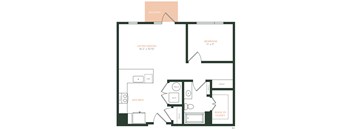 A drawing of a floor plan of an apartment with a kitchen, living room, and bedroom.