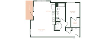 A floor plan of a home with a living/dining area, kitchen, and bedroom.