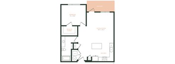 A floor plan of an apartment with a bedroom, living/dining area, kitchen, and walk-in closet.