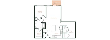 A floor plan of a balcony with a bedroom, living/dining area, kitchen, and bathroom.