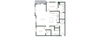 A floor plan of a home with a balcony, primary bedroom, kitchen, living/dining area, and two bedrooms.