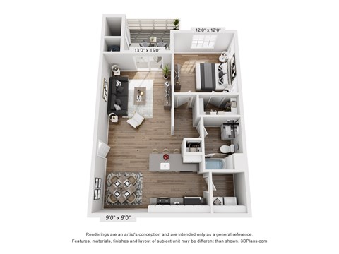 A 9'0" x 9'0" floor plan of a two-bedroom apartment with a living room, kitchen, and bathroom.