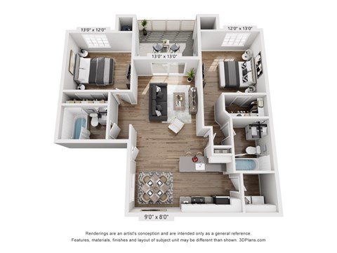 A 3D floor plan of a house with dimensions and a disclaimer.