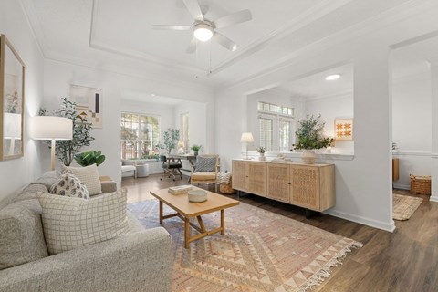 A living room with a grey couch, a wooden coffee table, and a rug.