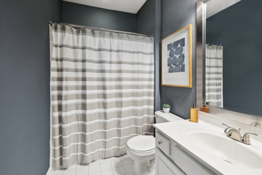 a bathroom with a shower curtain and a toilet and sink