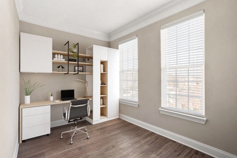 a home office with two windows and a desk with a computer