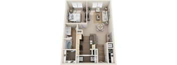 A 3D floor plan of a small apartment with a bedroom, living room, kitchen, and bathroom.