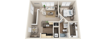 A 3D floor plan of a small apartment with a living room, kitchen, and bathroom.