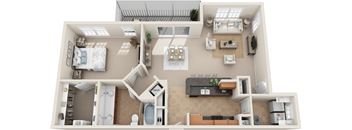 A 3D floor plan of a house with a kitchen, living room, and bedrooms.