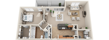 A 3D floor plan of a house with a kitchen, living room, and bedrooms.