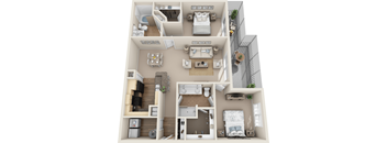 A detailed 3D floor plan of a small apartment layout.