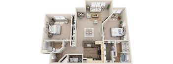 A 3D floor plan of a house with multiple rooms and furniture.