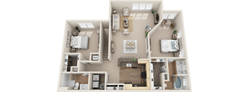 A 3D floor plan of a house with multiple rooms and furniture.