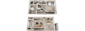 A floor plan of a two-story apartment with a living room, kitchen, and bedrooms.