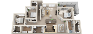 A 3D floor plan of a house with multiple rooms and furniture.