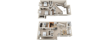 A floor plan of a two-story home with a staircase in the middle.