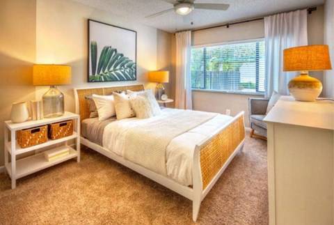 a bedroom with a large bed and a window