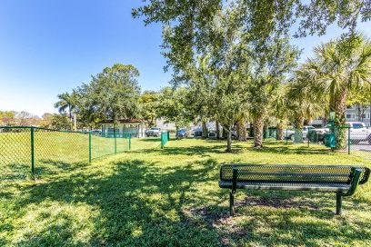 A park bench is situated in the foreground of a sunny park.