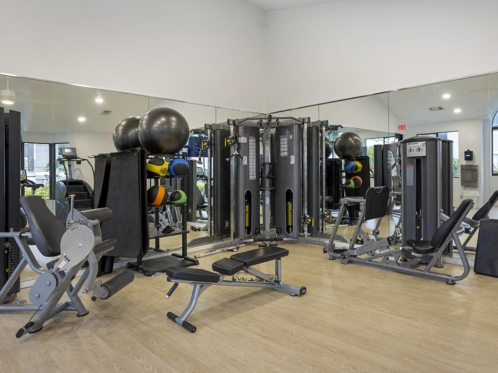 A gym with a variety of equipment including weights and machines.