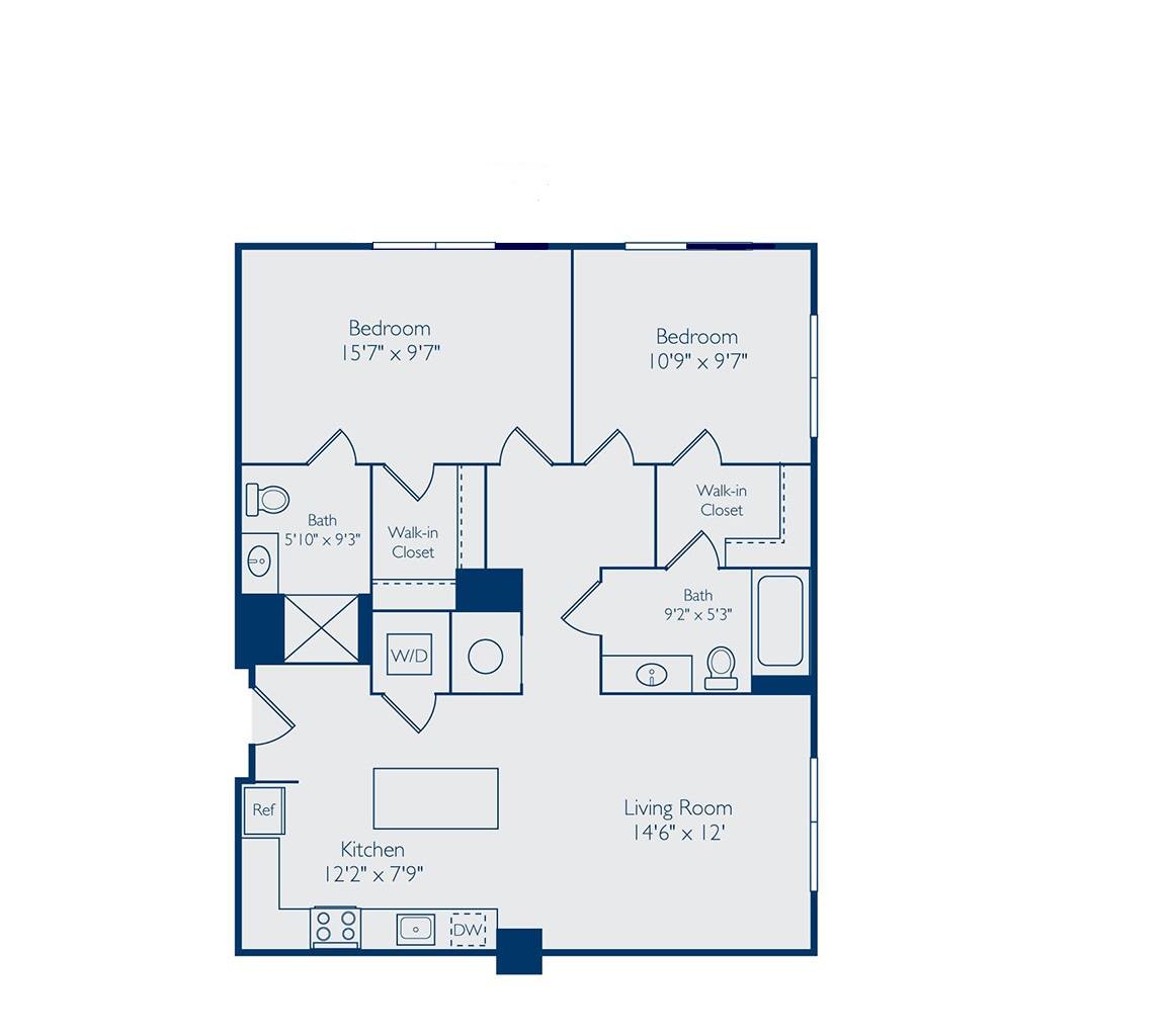 A floor plan of a house with two bedrooms, a bath, a living room, a kitchen, a study, and a laundry room.