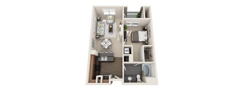 A 3D floor plan of a small apartment with a kitchen, living room, and bathroom.
