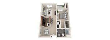 A top-down view of a small apartment layout with a kitchen, living room, and bathroom.