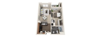 A floor plan of a small apartment with a kitchen, living room, and bathroom.