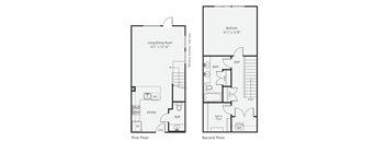 A floor plan of a two-story house with a living/dining room, kitchen, bathrooms, and bedrooms.
