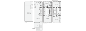 A floor plan of a house with a garage, living room, dining room, kitchen, and three bedrooms.