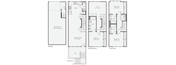 A set of four floor plans for a house with a garage, first floor, second floor, and third floor.