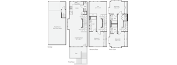 A floor plan of a house with a garage, first, second and third floor.