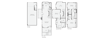 A floor plan of a house with a garage, first, second and third floor.