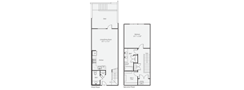 A floor plan of a two-story house with a kitchen, bathrooms, and a bedroom.