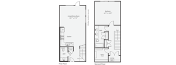 A floor plan of a two-story house with a living/dining room, kitchen, bath, and bedroom.