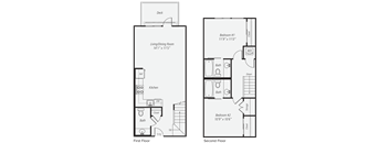 A floor plan of a two-story house with a deck on the first floor and a second floor with two bedrooms and a bathroom.