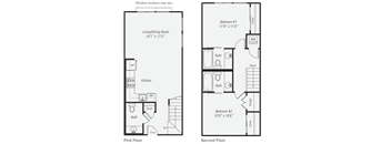 A floor plan of a two-story home with a living/dining room, kitchen, two bathrooms, and two bedrooms.