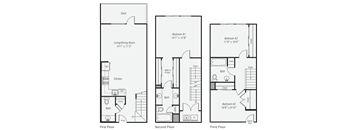 A set of three floor plans for a house showing the first, second, and third floors.